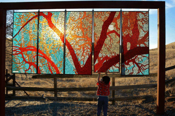 California Oaks 50" x 10' colored glass mosaic on clear tempered glass, 2015 (private collection)