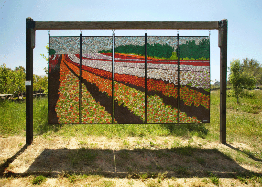 Begonia Gardens 60" x 10' colored glass mosaic on clear tempered glass, 2012