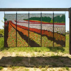 Begonia Gardens   60″ x 10′ colored glass mosaic on clear tempered glass, 2012