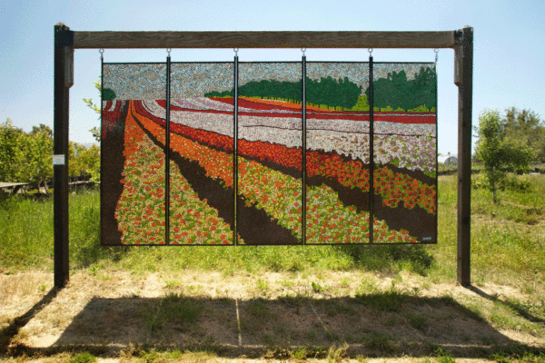 Begonia Gardens 60" x 10' colored glass mosaic on clear tempered glass, 2012