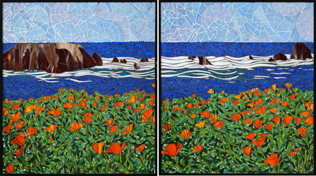 California Coastline, Santa Barbara 40" x 30" each colored glass mosaic on clear tempered glass, 2014 (private collection)