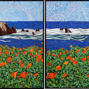 California Coastline, Santa Barbara  40″ x 30″ each colored glass mosaic on clear tempered glass, 2014 (private collection)