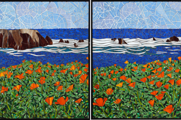 California Coastline, Santa Barbara 40" x 30" each colored glass mosaic on clear tempered glass, 2014 (private collection)