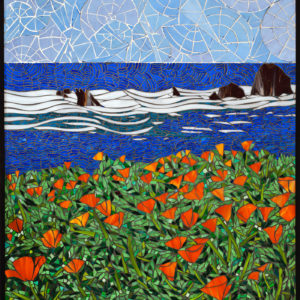 California Coastline, Santa Barbara  40″ x 30″ each colored glass mosaic on clear tempered glass detail 2, 2014 (private collection)