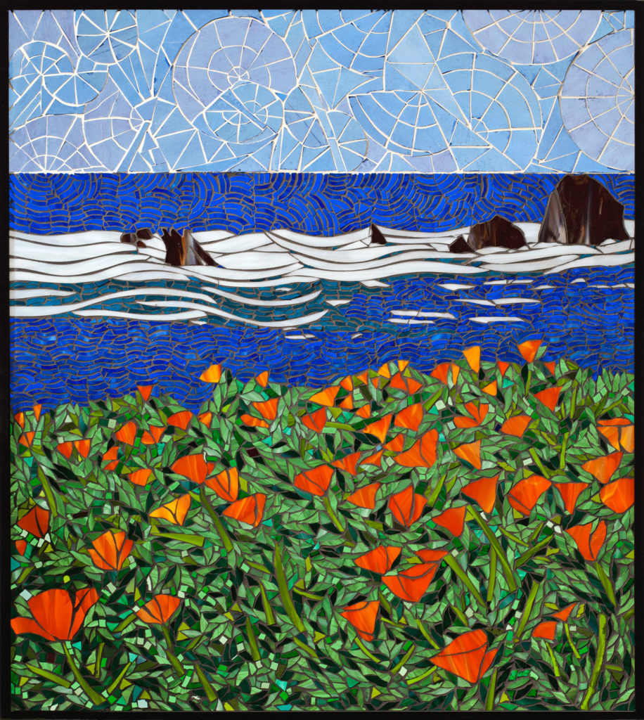 California Coastline, Santa Barbara 40" x 30" each colored glass mosaic on clear tempered glass detail 2, 2014 (private collection)