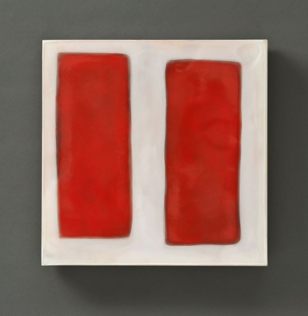 Offset Pair, 12" x 12", glass, encaustic, 2016