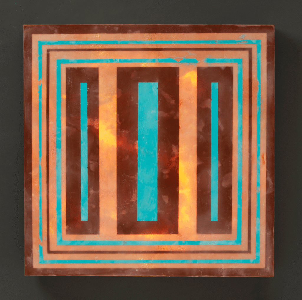 Orange and Blue, 24" x 24", glass, encaustic, recycled neon, 2016