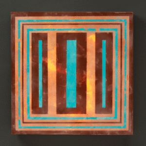 Orange and Blue, 24″ x 24″, glass, encaustic, recycled neon, 2016