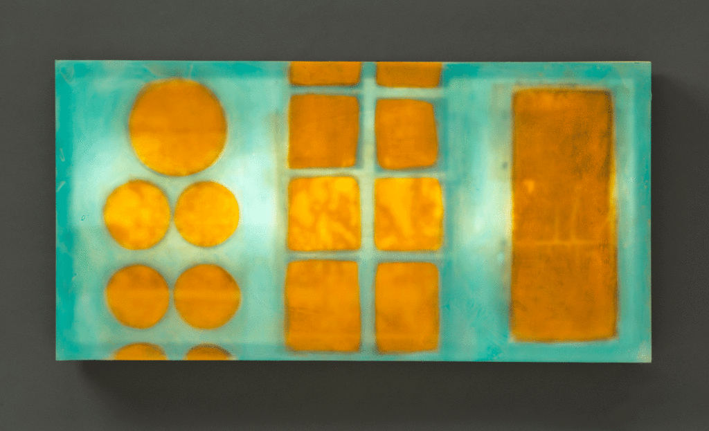 Orange and Blue12" x 24", glass, encaustic, recycled neon, 2016