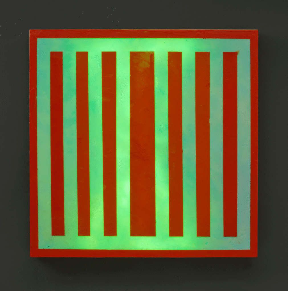 Red Stripes, 24" x 24", glass, encaustic, recycled neon, 2016 (private collection)