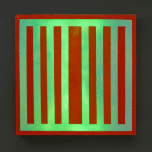 Red Stripes, 24″ x 24″, glass, encaustic, recycled neon,  2016 (private collection)