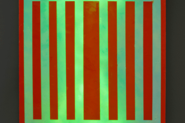 Red Stripes, 24" x 24", glass, encaustic, recycled neon, 2016 (private collection)