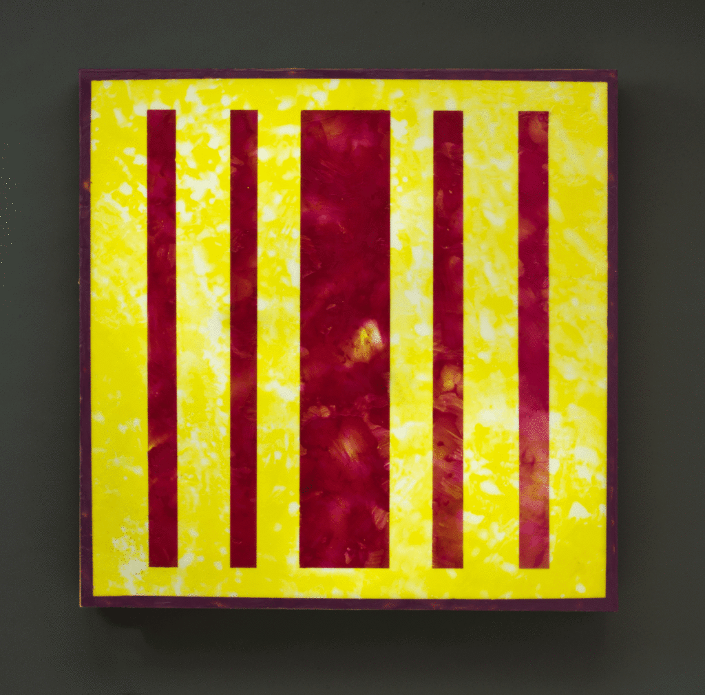 Magenta on Yellow, 24" x 24", glass, encaustic, recycled neon, 2016