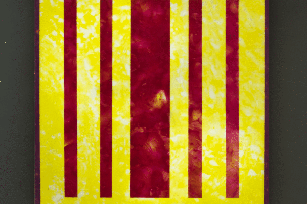 Magenta on Yellow, 24" x 24", glass, encaustic, recycled neon, 2016