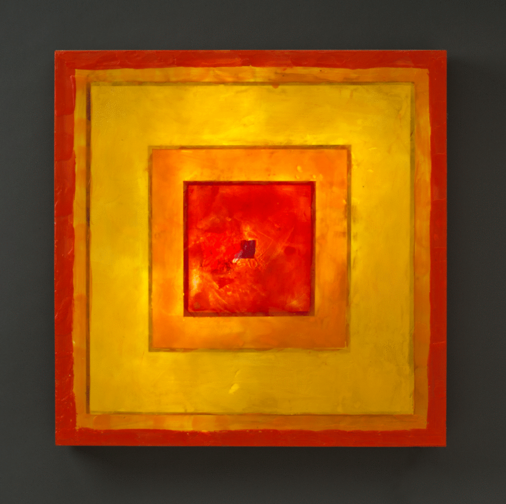 Orange Squares, 24" x 24", glass, encaustic, recycled neon, 2016