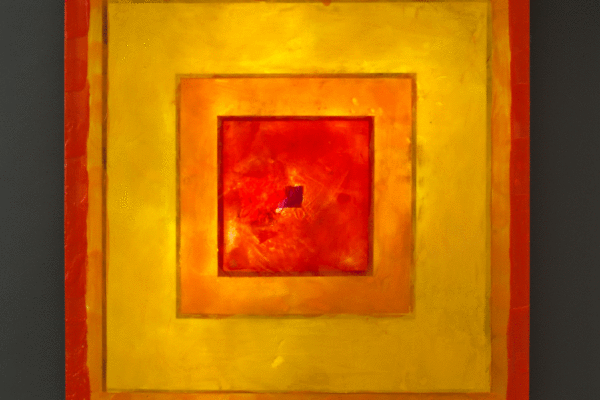 Orange Squares, 24" x 24", glass, encaustic, recycled neon, 2016