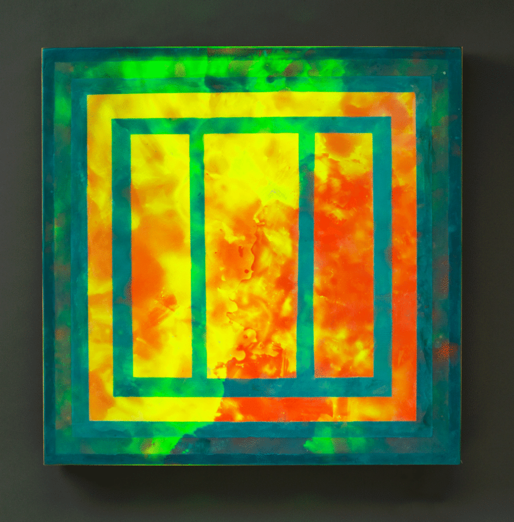 Storm Clouds, 24" x 24", glass, encaustic, recycled neon, 2016