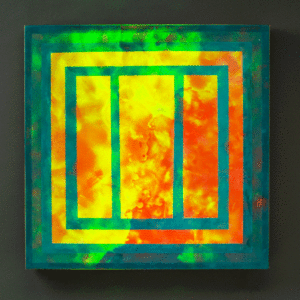 Storm Clouds, 24″ x 24″, glass, encaustic, recycled neon, 2016