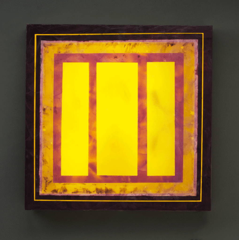 Yellow and Violet, 24" x 24", glass, encaustic, recycled neon, 2016