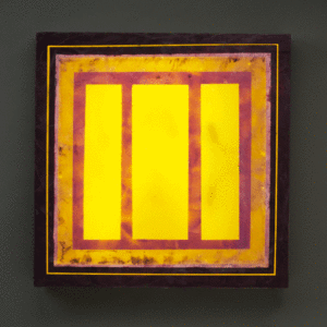Yellow and Violet, 24″ x 24″, glass, encaustic, recycled neon, 2016