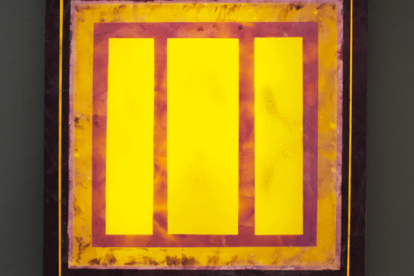 Yellow and Violet, 24" x 24", glass, encaustic, recycled neon, 2016