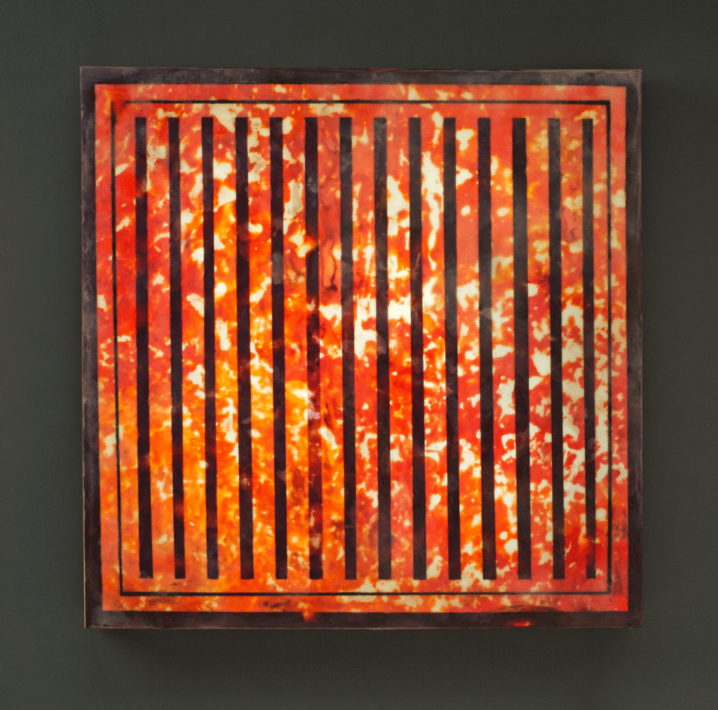 Purple Pin Stripes, 24" x 24", glass, encaustic, recycled neon, 2016 (private collection)