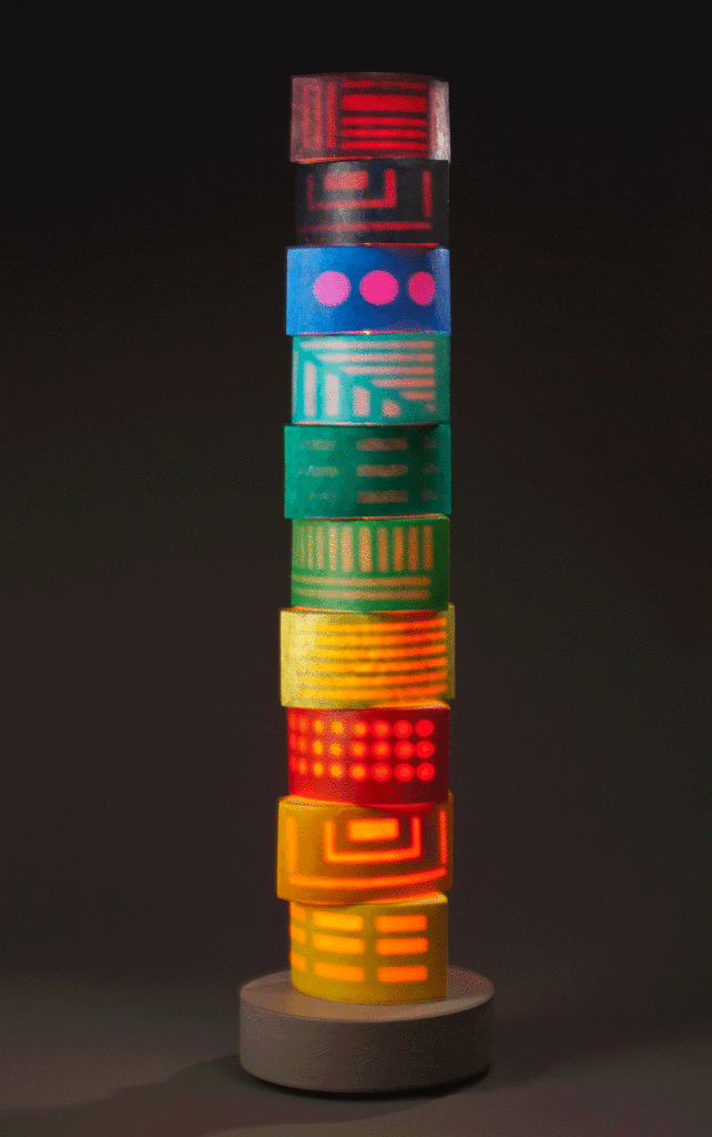 Diversity, Unity, Equity 9' x 18" x 18" encaustics and neon (on), 2014
