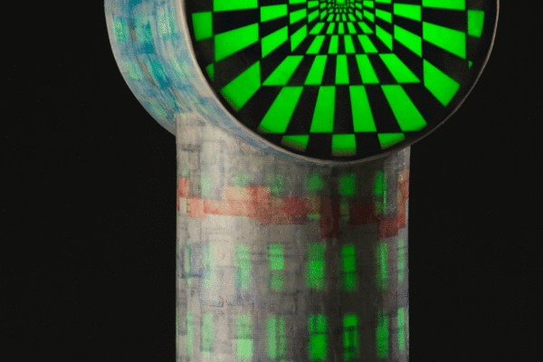 Metropolis Tower 7' x 24" x 18" encaustics and neon (on), 2014