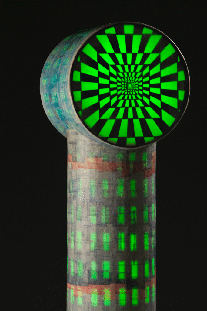 Metropolis Tower 7' x 24" x 18" encaustics and neon (on), 2014
