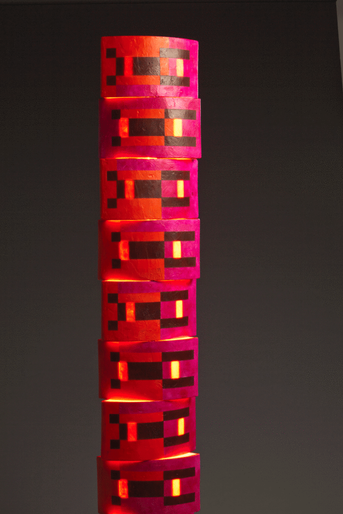 Sky Scraper Windows 9' x 18" x 18" encaustics and neon (on), 2014
