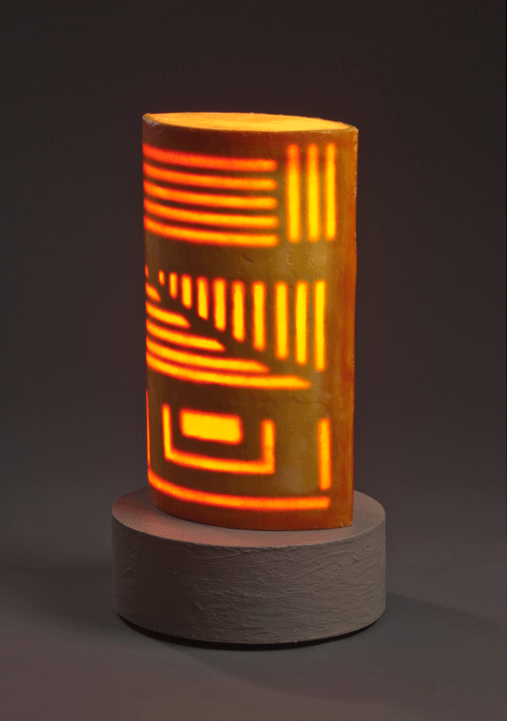 Red Albers 30" x 18" x 18" encaustics and neon, 2014