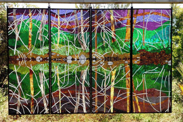 San Lorenzo River Bank 50" x 8' colored glass mosaic on clear tempered glass, 2016