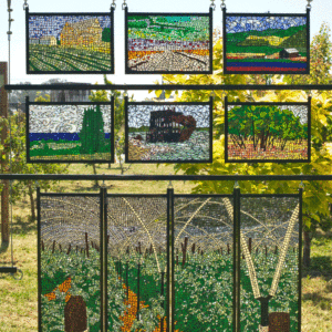 Grouping of Small Mosaics  12″ x 12″ and 30″ x 48″ colored glass mosaic on clear tempered glass, 2014 (private collections)