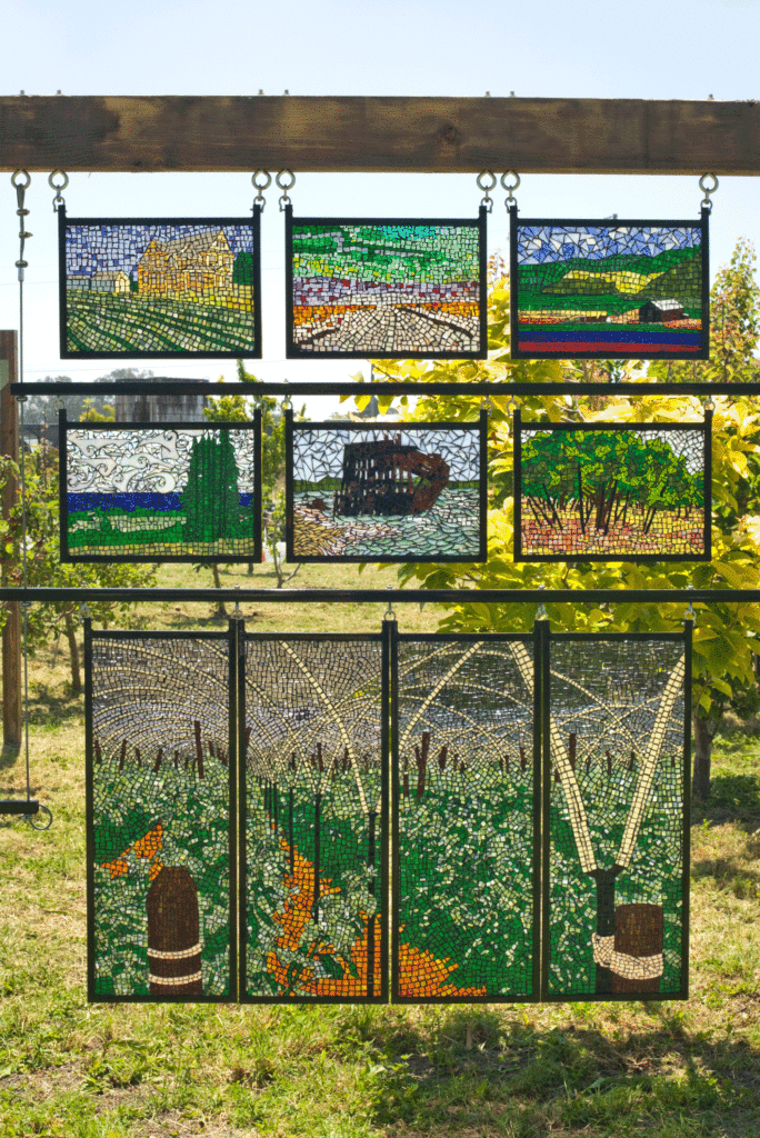 Grouping of Small Mosaics 12" x 12" and 30" x 48" colored glass mosaic on clear tempered glass, 2014 (private collections)