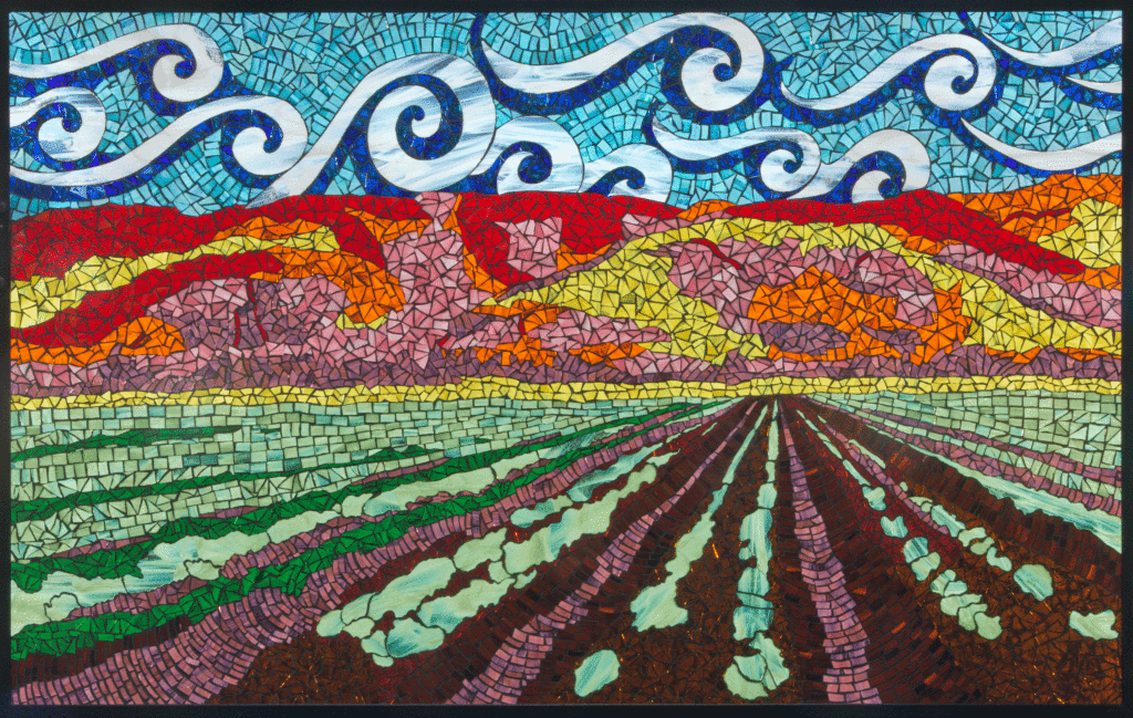 Salinas Valley 30" x 50" colored glass mosaic on clear tempered glass, 2015