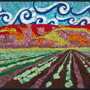 Salinas Valley  30″ x 50″ colored glass mosaic on clear tempered glass, 2015