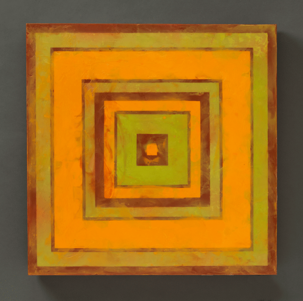 Layered Squares, 24" x 24", glass, encaustic, recycled neon, 2016
