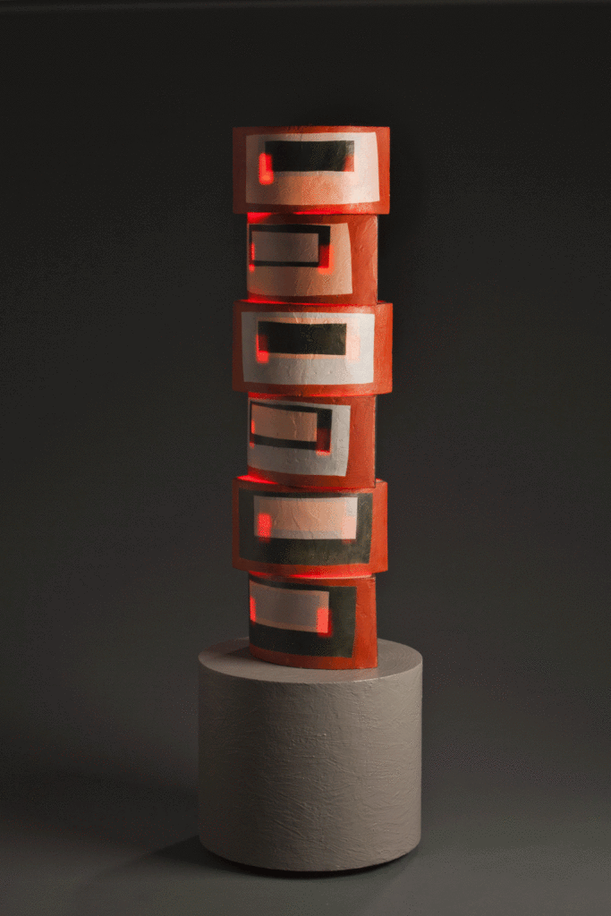 Green and Orange Albers 5'6"' x 18" x 18" encaustics and neon (on), 2014