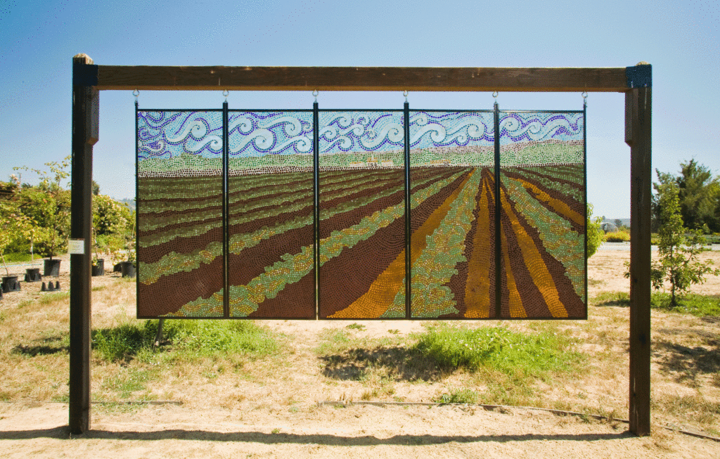Strawberry Fields 50" x 10' colored glass mosaic on clear tempered glass, 2012 (private collection)