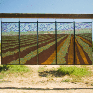 Strawberry Fields  50″ x 10′ colored glass mosaic on clear tempered glass, 2012 (private collection)