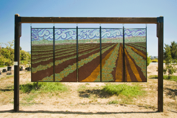 Strawberry Fields 50" x 10' colored glass mosaic on clear tempered glass, 2012 (private collection)