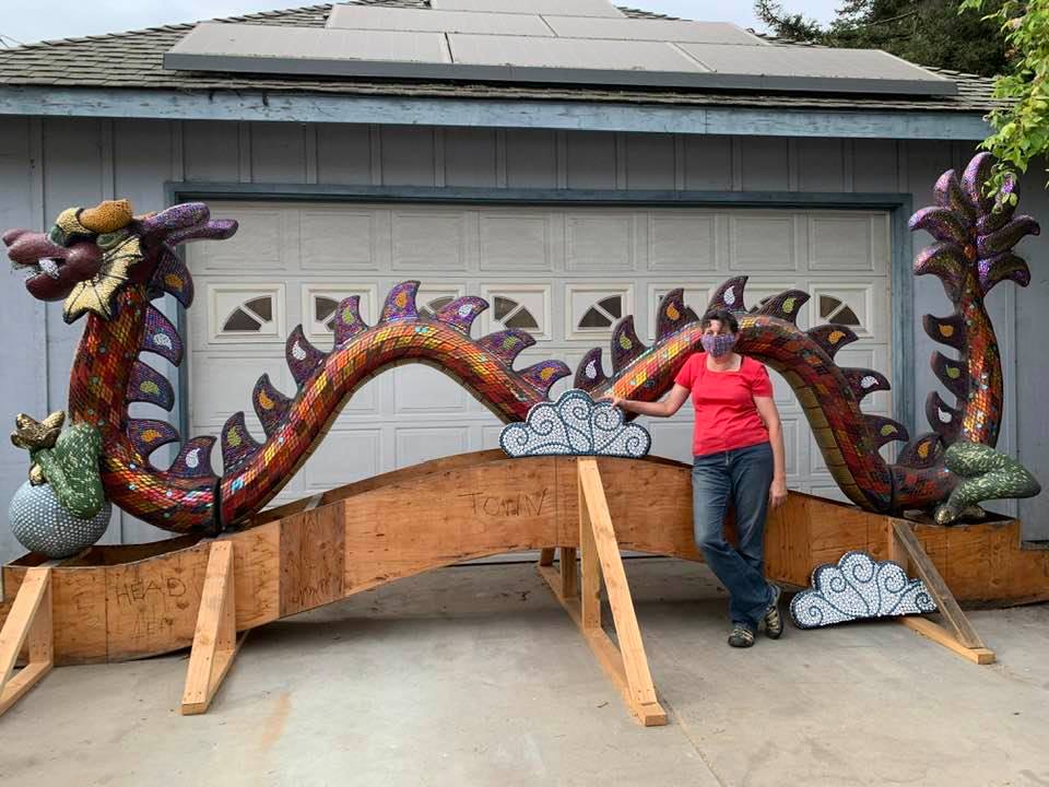 The completed dragon in Kathleen's driveway, ready to be installed.